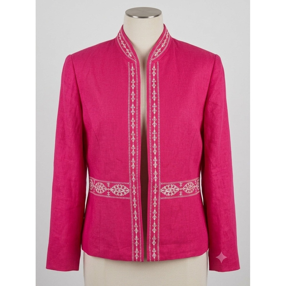 VTG Jessica Howard Pink Barbie Embroidered Linen Open Blazer Jacket size 14